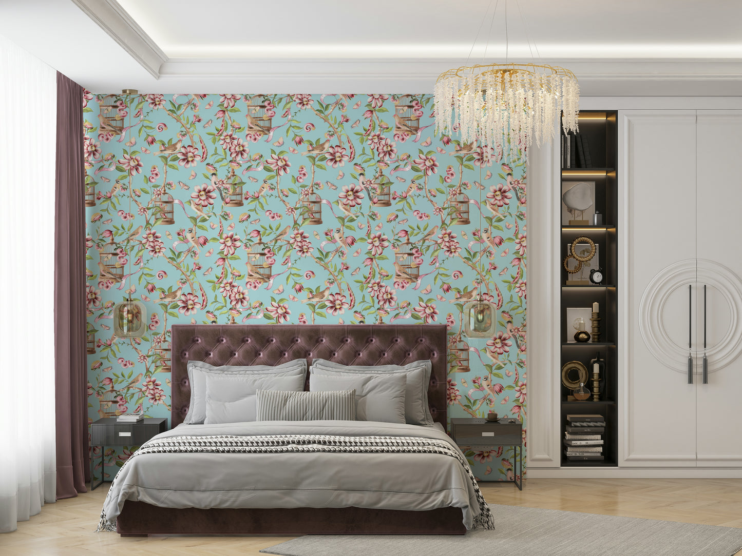 Vintage-style wallpaper featuring birds on branches and butterflies.

