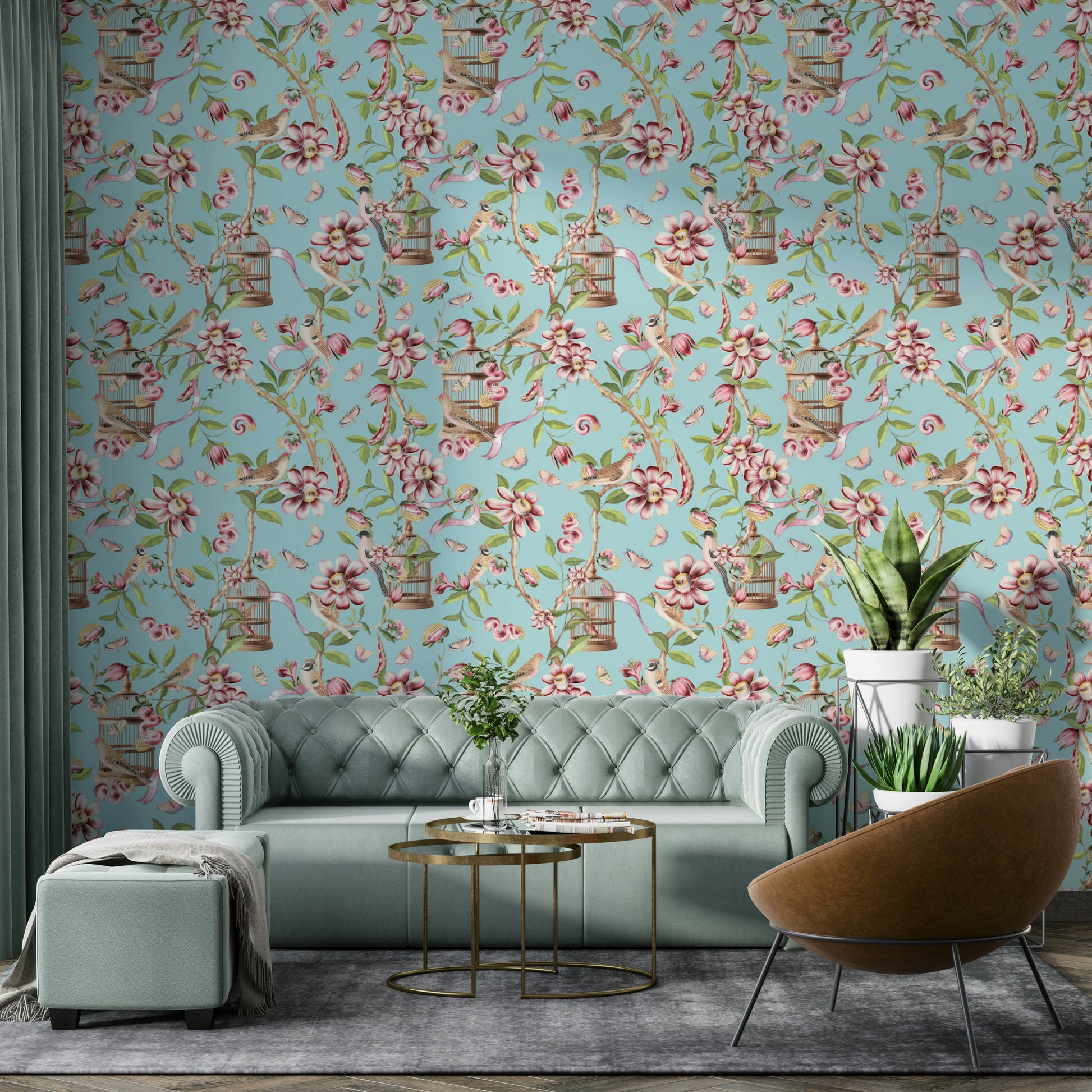 Soft yellow wallpaper with delicate birds and curling vines.

