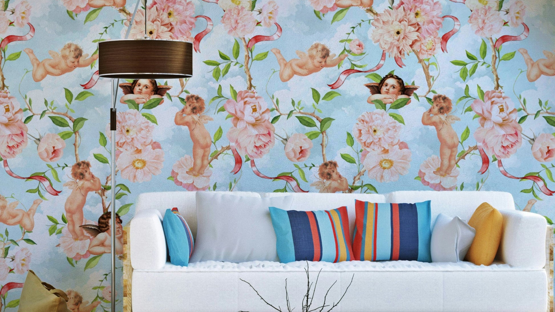 Celestial Cherubs & Blossoms Wallpaper with angels and florals.

