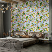 Jungle-themed wallpaper featuring birds with vivid plumage.

