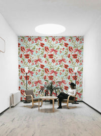 Energetic floral wallpaper with bold red petals and playful lines.

