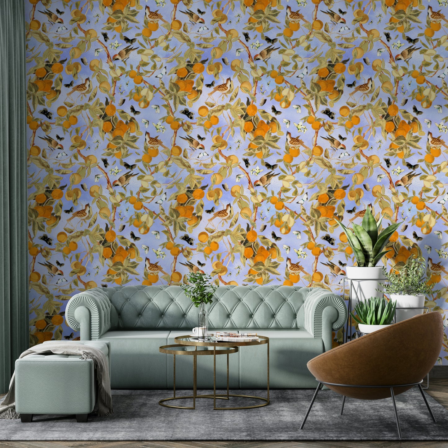 Fresh citrus wallpaper with yellow fruit and lush greenery.

