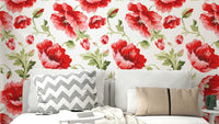 Soft poppy garden mural in warm red and pastel tones.

