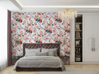 Vintage stripe wallpaper with blooming rose bouquets and soft hues.

