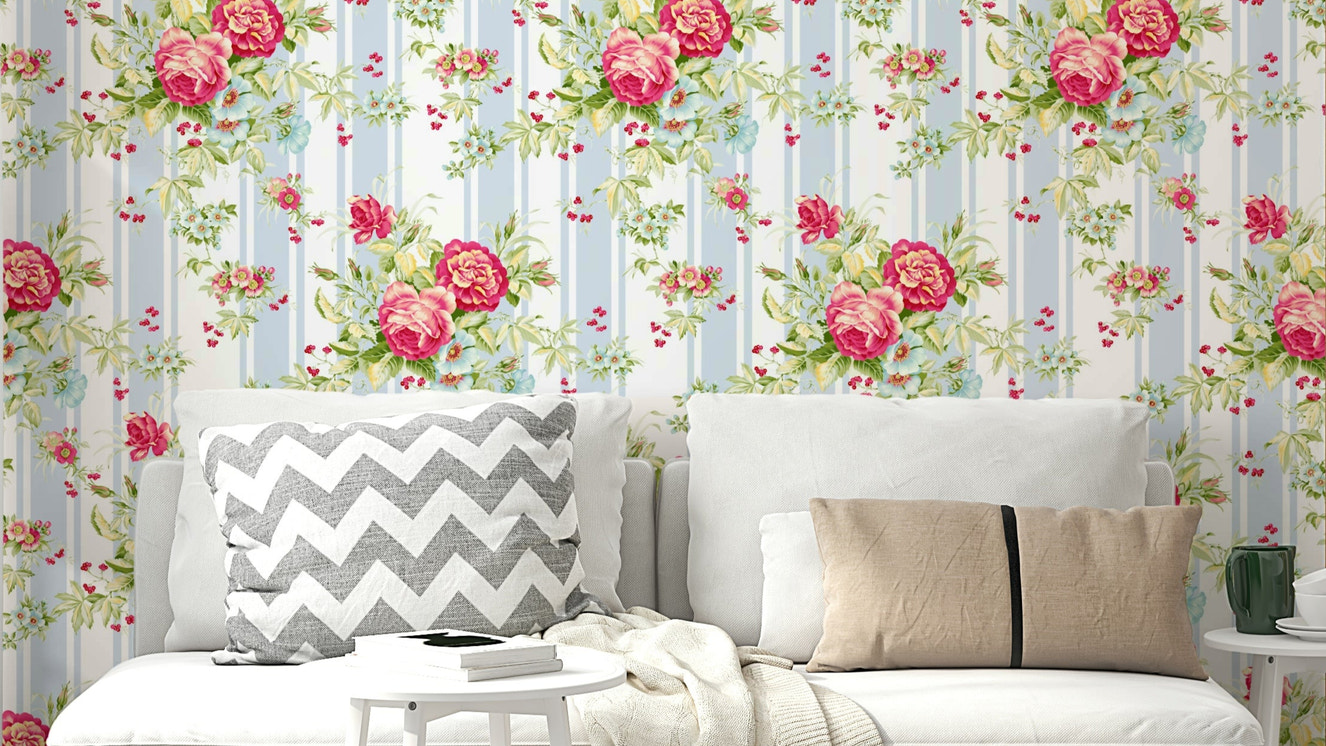 Floral wallpaper with subtle stripe background and romantic roses.

