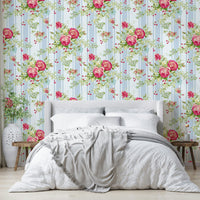 Wallpaper featuring vintage-style roses with a striped design.


