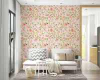 Romantic wall mural with vintage-style florals and songbirds.

