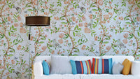 Enchanted Chinoiserie Garden Wallpaper with birds and watercolor florals.

