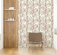 Elegant wall mural with parrots perched among peony branches.

