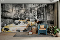Grayscale and color NYC collage mural wallpaper

