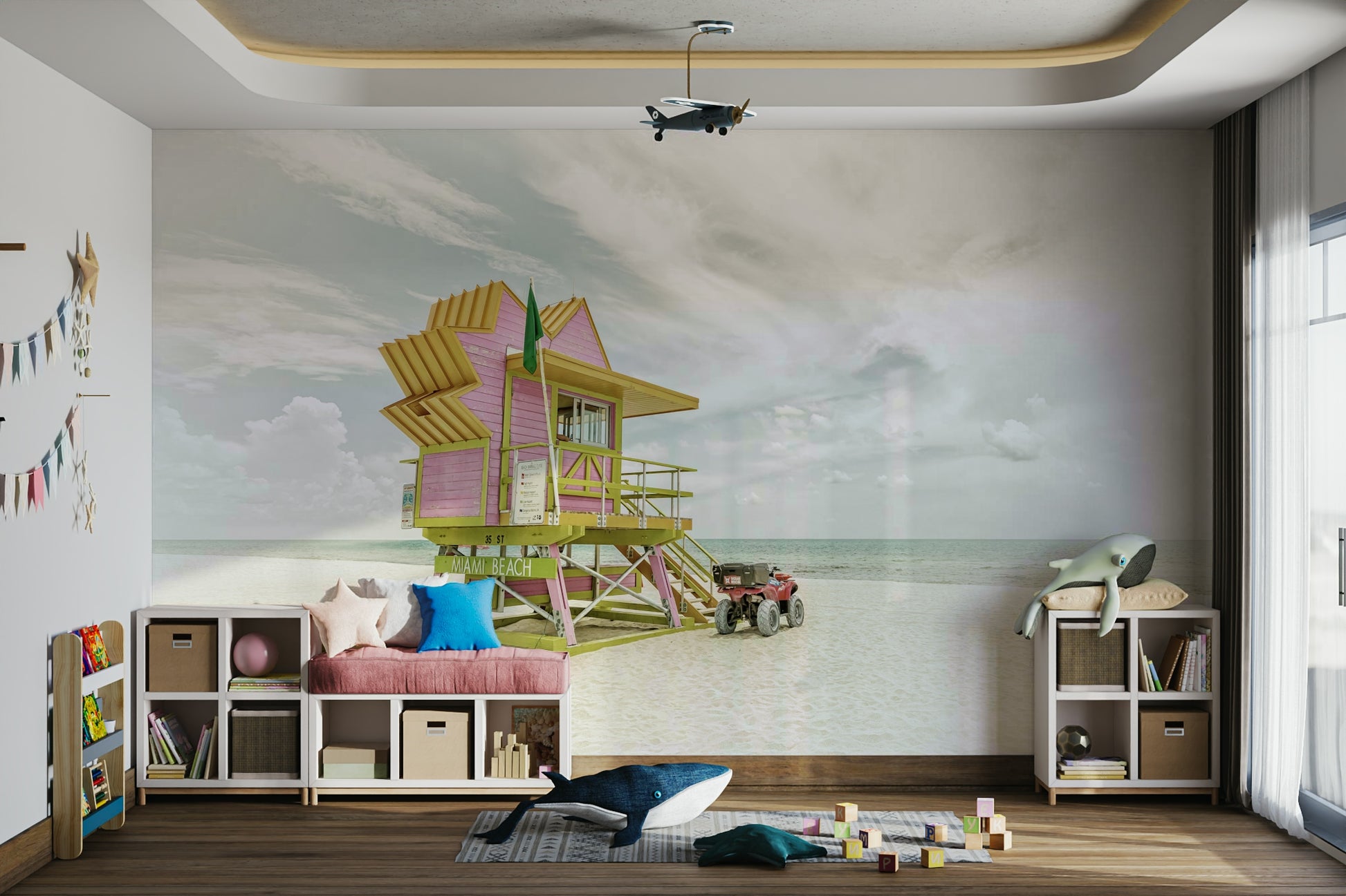 Florida Flair wall mural with nostalgic beach and palm imagery.

