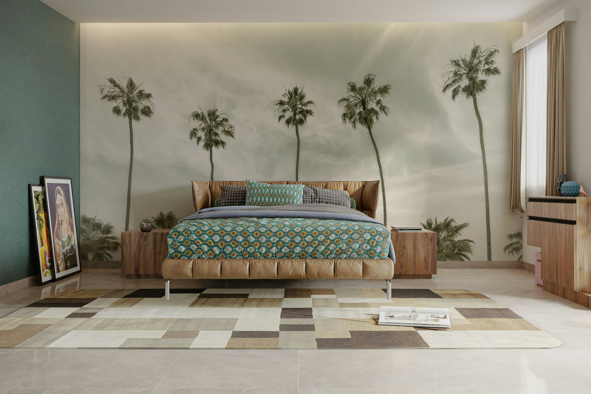 Retro-inspired palm tree mural for a coastal room look.

