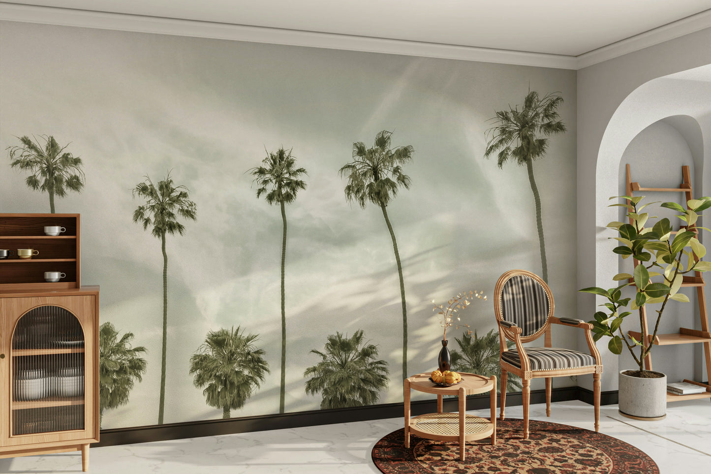 Palm tree wall mural in retro style adding calm and warmth.

