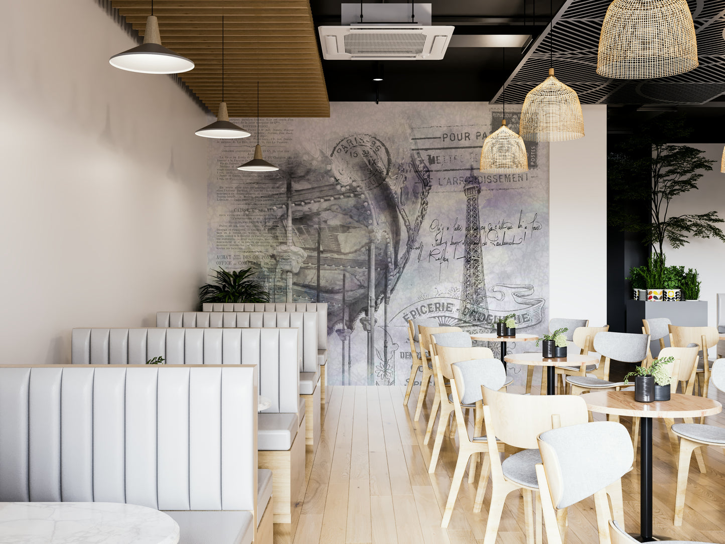 Paris mural with iconic Eiffel Tower and whimsical carousel

