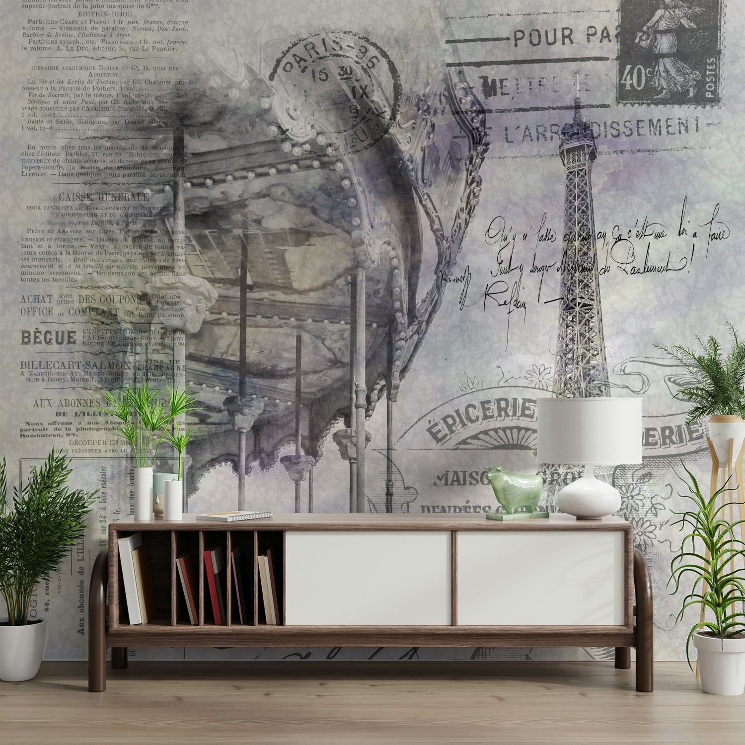 Wall mural capturing Paris magic – tower and carousel


