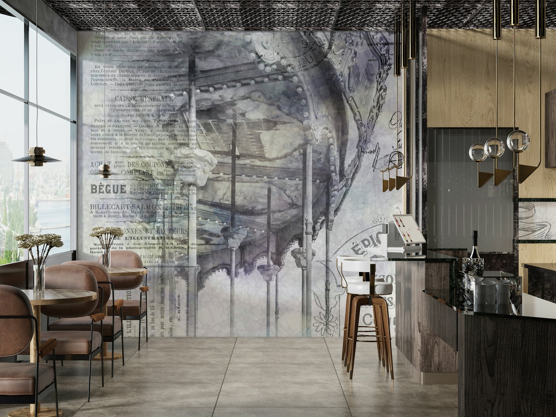 Paris Collage Wall Mural with Eiffel Tower and carousel

