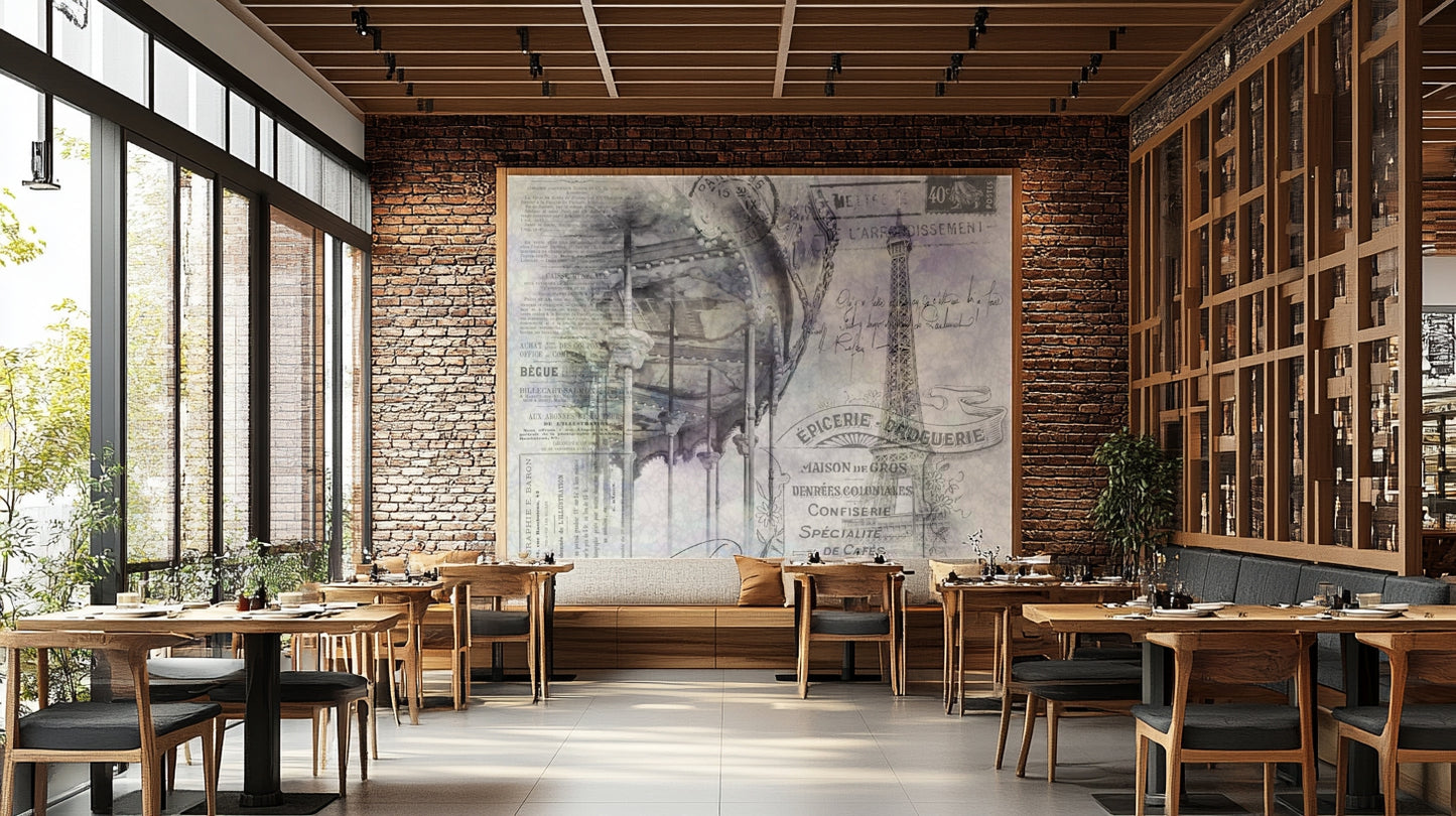 Collage mural of Paris landmarks and vintage fair ride

