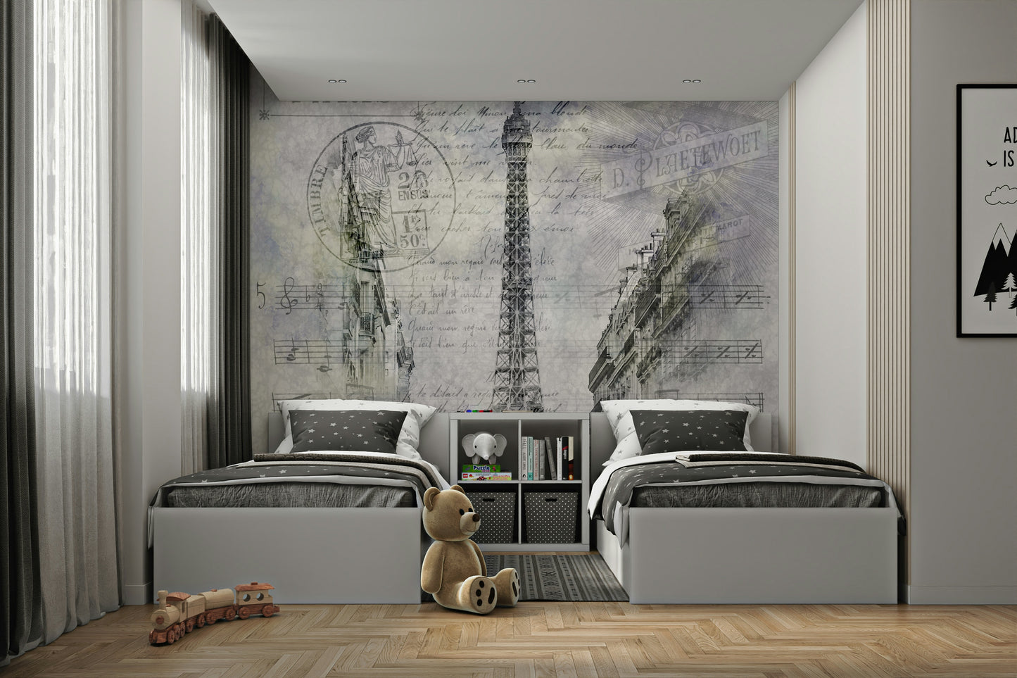 Paris collage mural with Eiffel Tower and script

