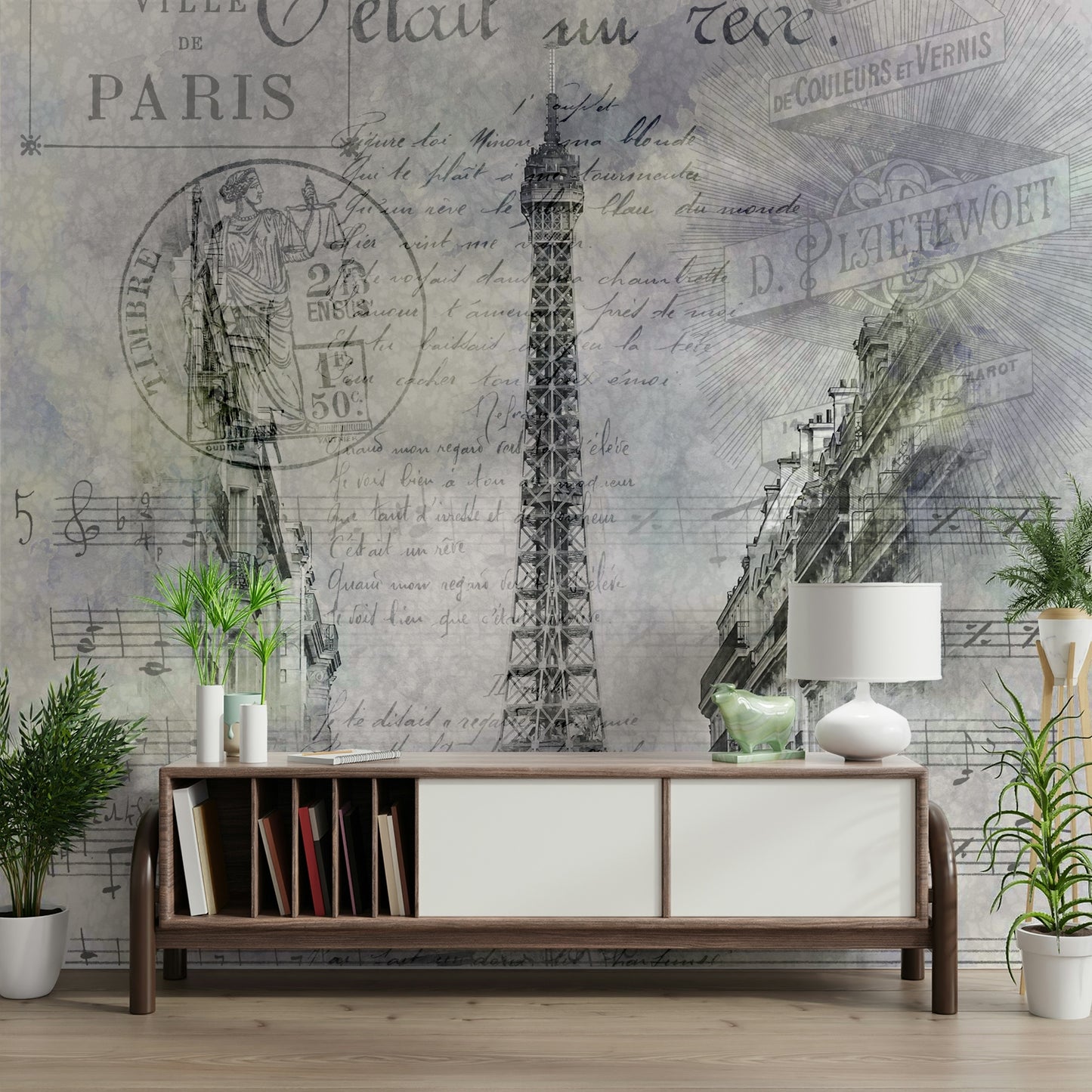 Eiffel Tower mural with vintage Parisian overlays

