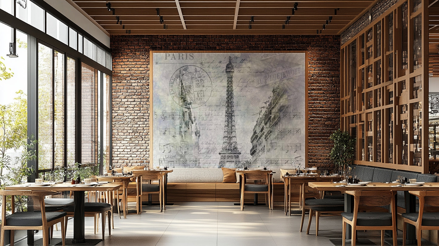 Paris mural with tower, rooftops, and classic signage

