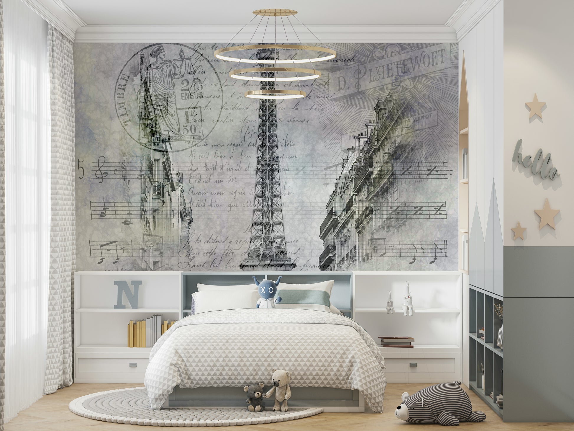 Handwritten Paris wall mural with iconic landmarks

