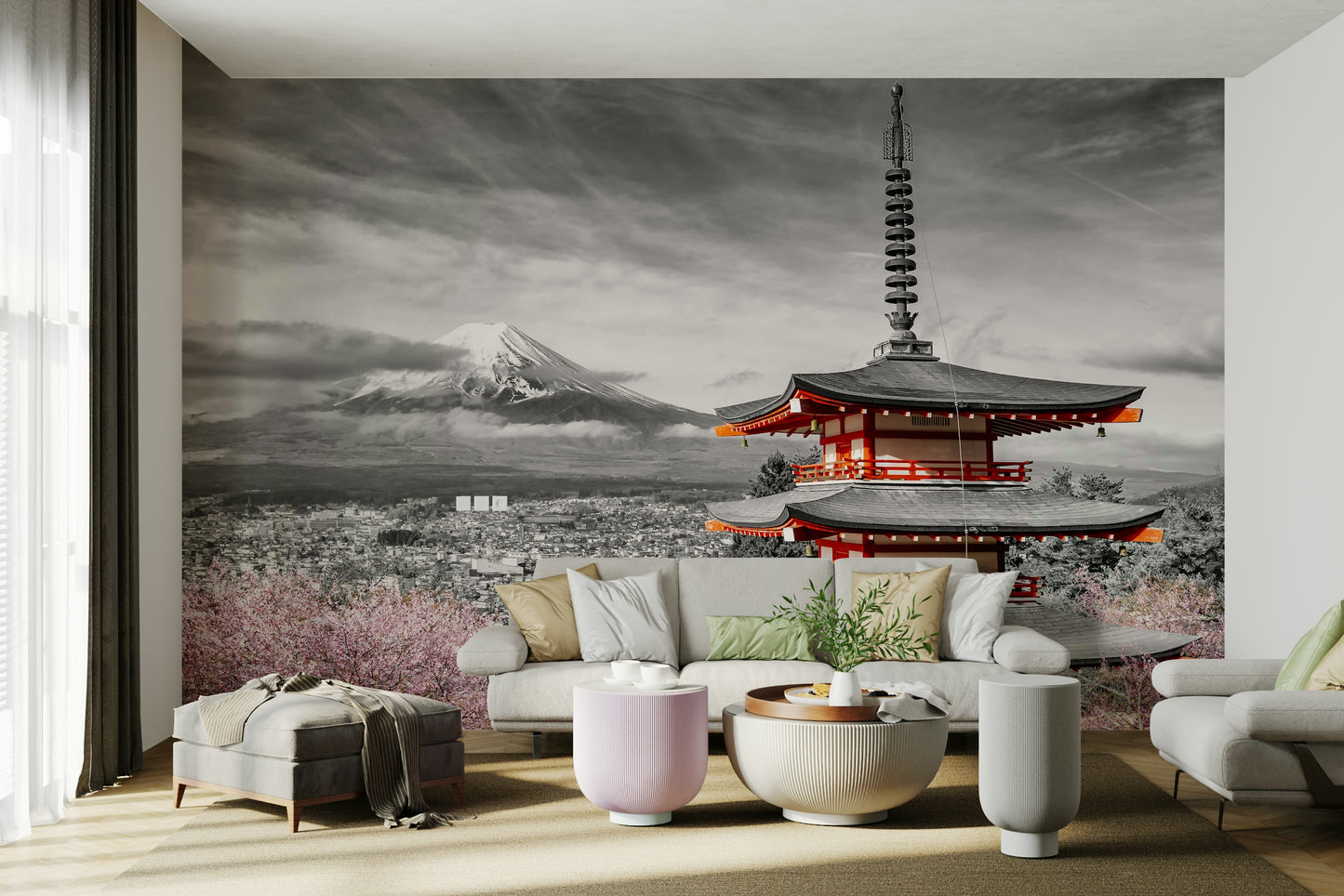 Mount Fuji mural during sakura season with vivid contrast

