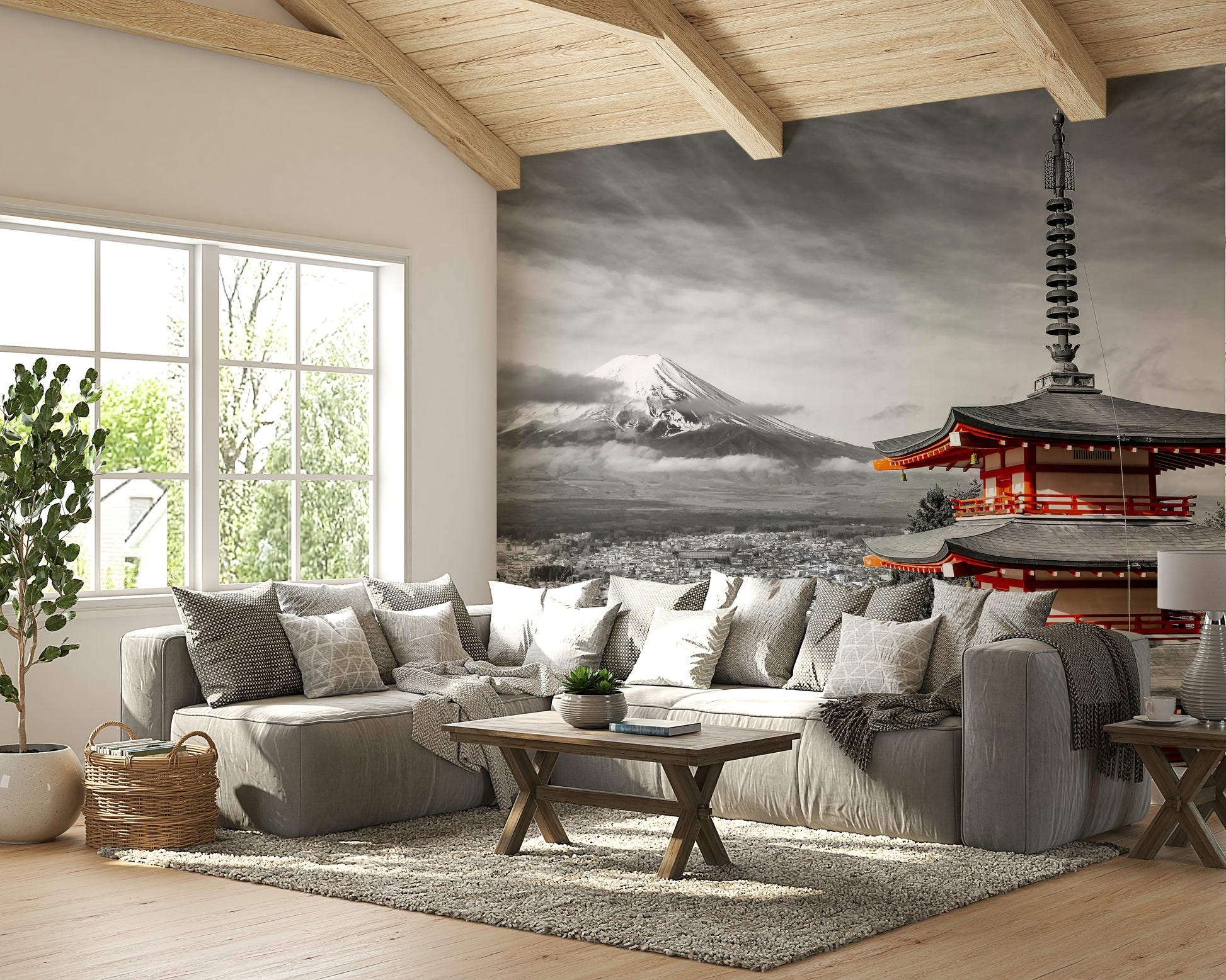 Colorkey mural of Japan’s Mount Fuji and pagoda in spring

