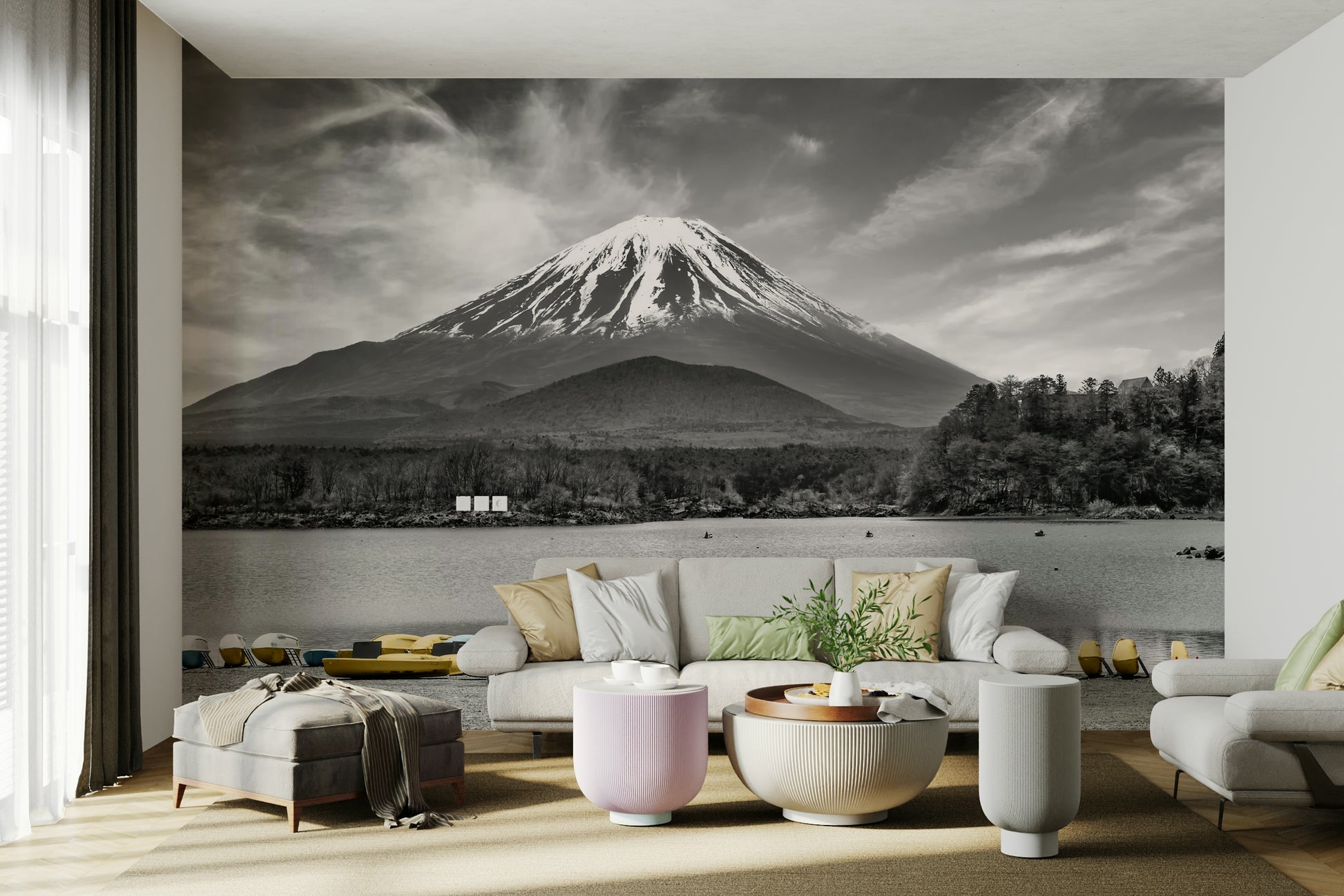 Mount Fuji mural wallpaper with mirrored water effect

