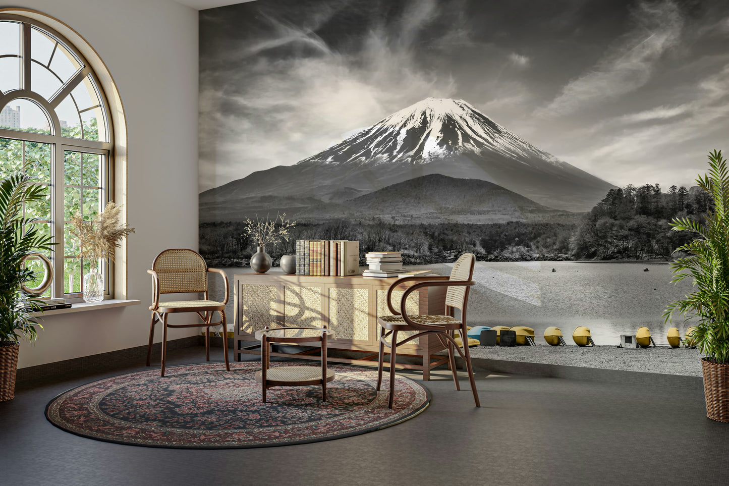 Wall mural featuring peaceful lake and distant mountain

