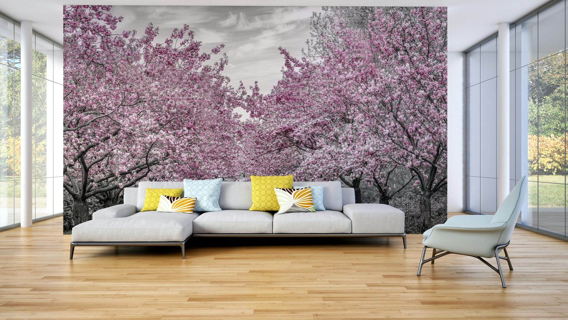 Cherry blossom path mural for peaceful interiors

