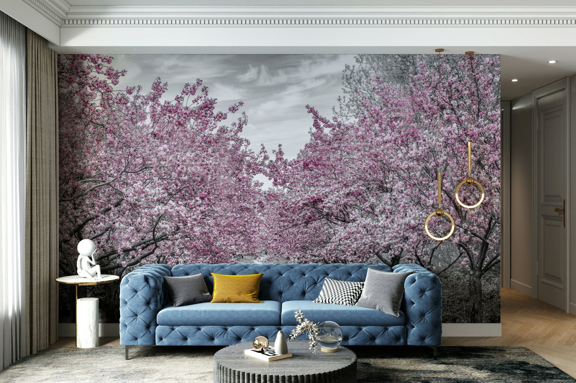 Spring floral wallpaper with tree-lined pink walkway

