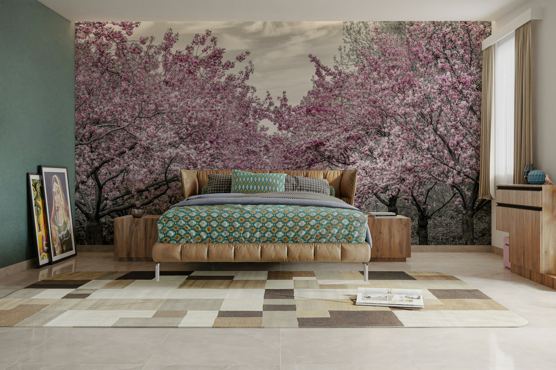 Mural of a calm path filled with cherry flowers

