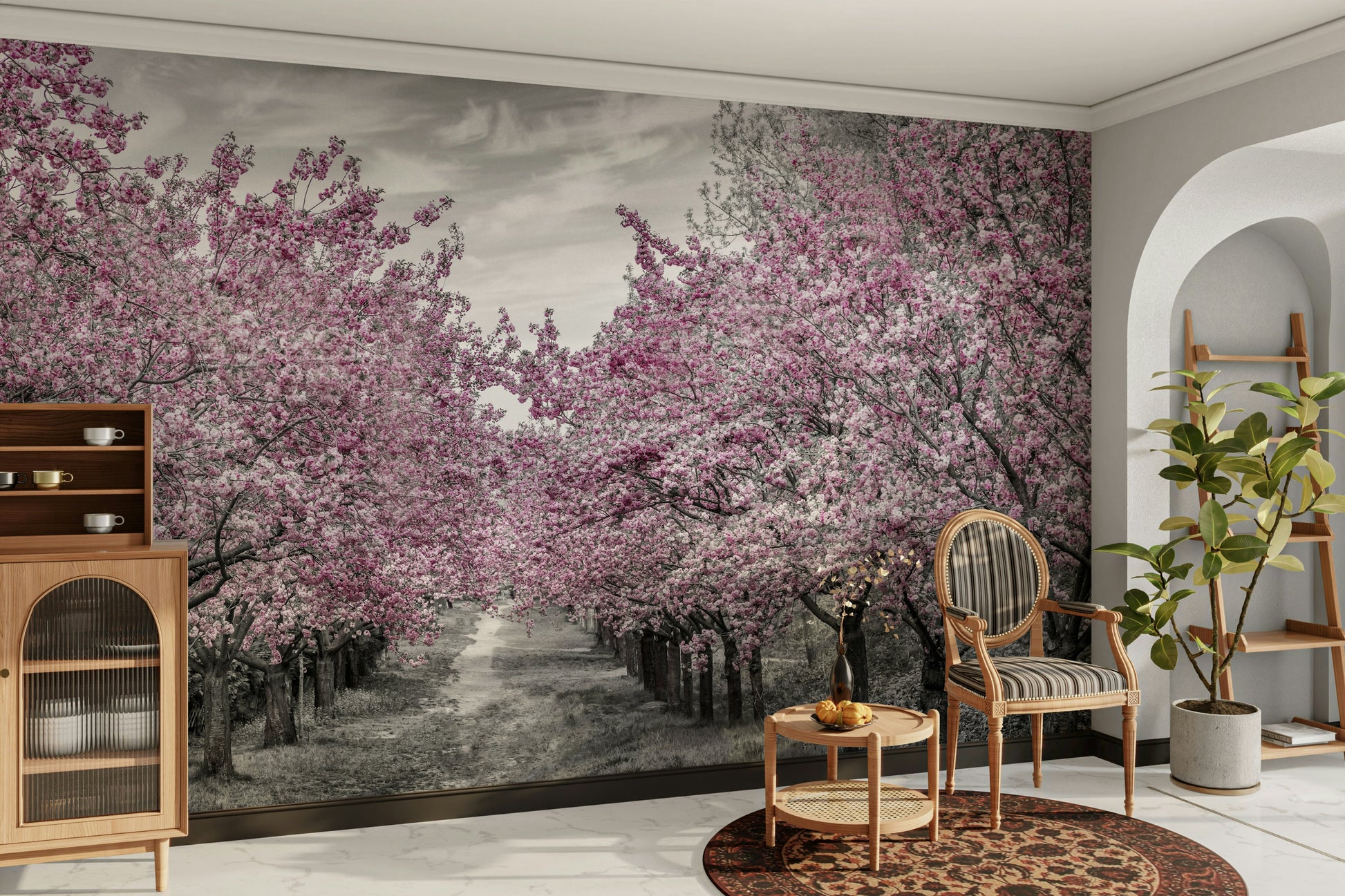 Cherry blossom alley in soft tones for wall décor

