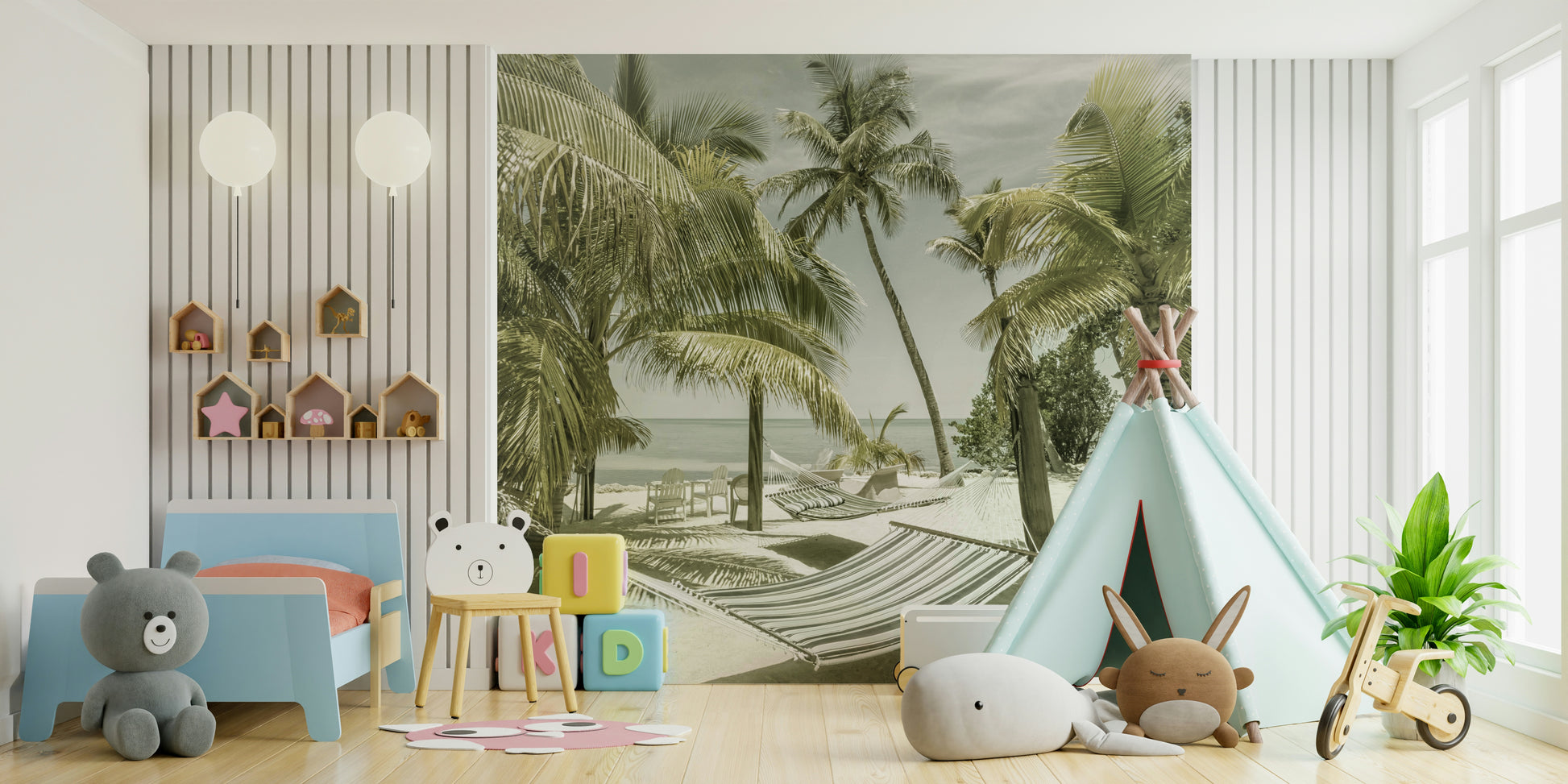 Peaceful coastal scene mural with vintage look

