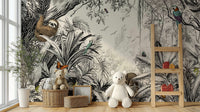 Bold black and off-white jungle mural for modern room decor.

