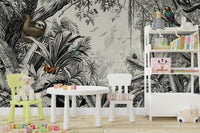 Monochrome jungle vista mural wallpaper with high-contrast design.


