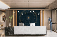 Cosmic petrol blue wheel mural for modern celestial interiors.

