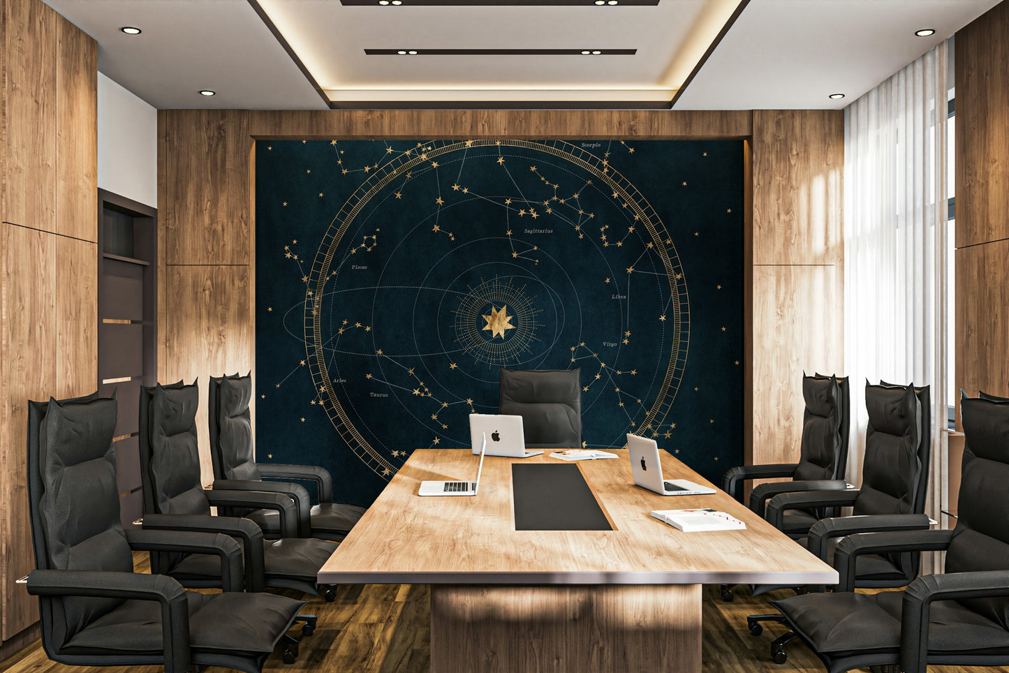 Cosmic design wall mural featuring a petrol blue astro wheel.


