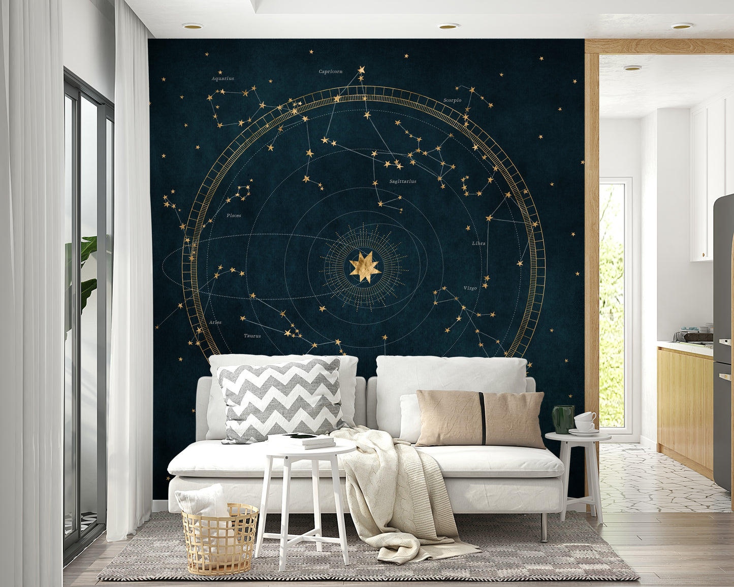 Intricate planetary motifs and petrol wheel wall mural design.

