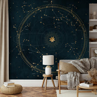 Astrological wheel mural with petrol hues and celestial patterns.

