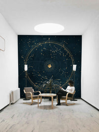 Unique celestial wall mural featuring astro wheel in petrol blue.

