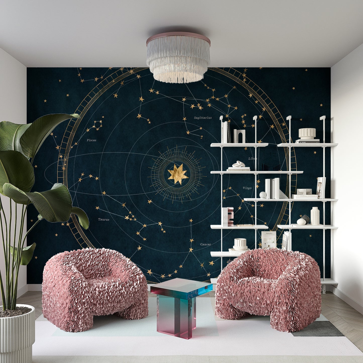 Stunning cosmic star chart design mural for living spaces.

