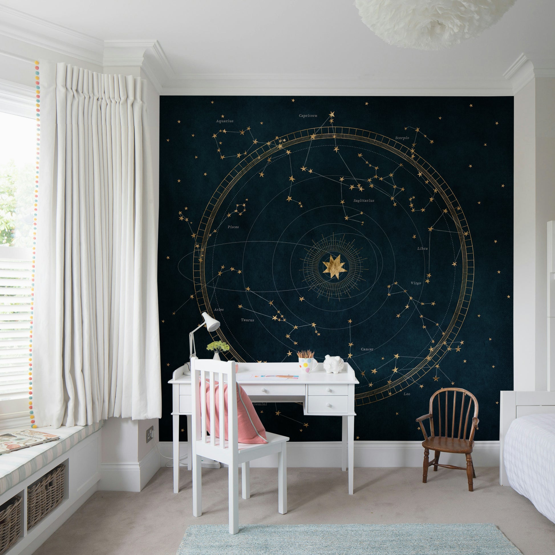 Celestial design mural featuring star chart and constellation map.


