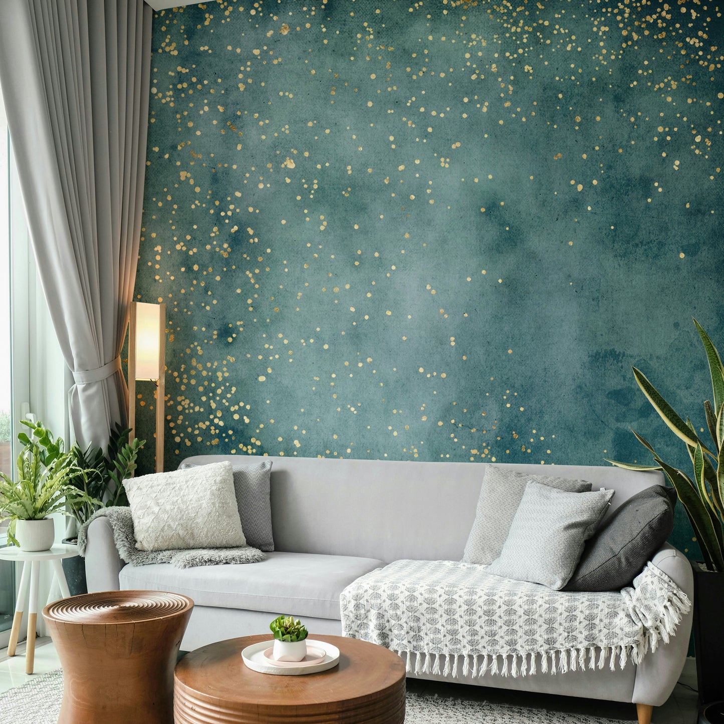 Galactic dust pattern wall mural with peaceful sea blue hues.

