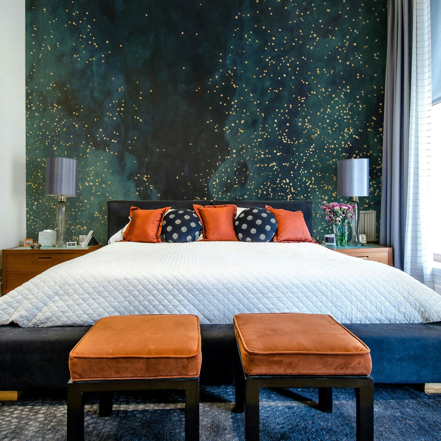 Cosmic petrol galaxy design mural for modern home interiors.

