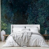 Deep petrol blue galaxy mural with stars for a cosmic room vibe.

