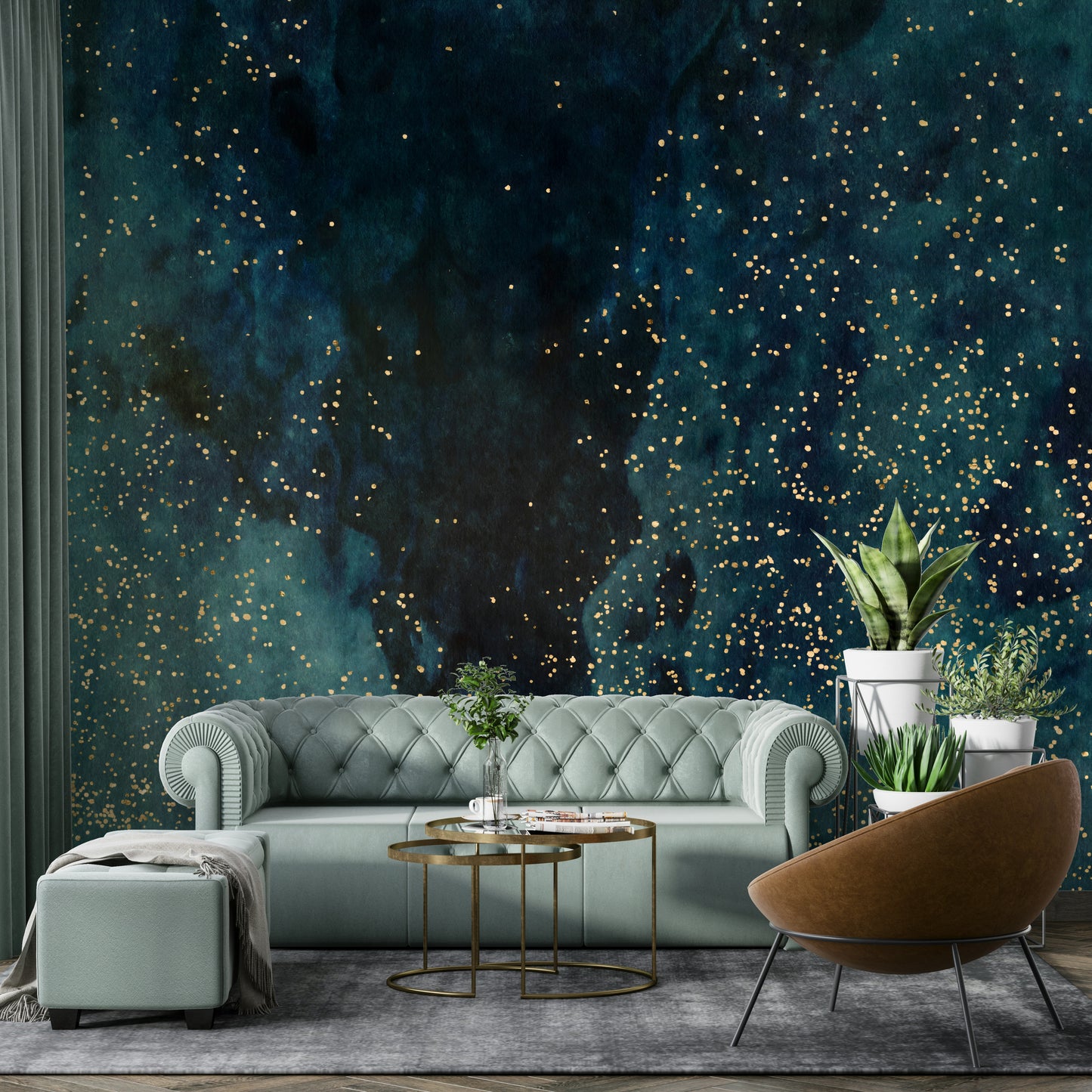 Swirling galaxy mural in petrol blue tones for modern decor.

