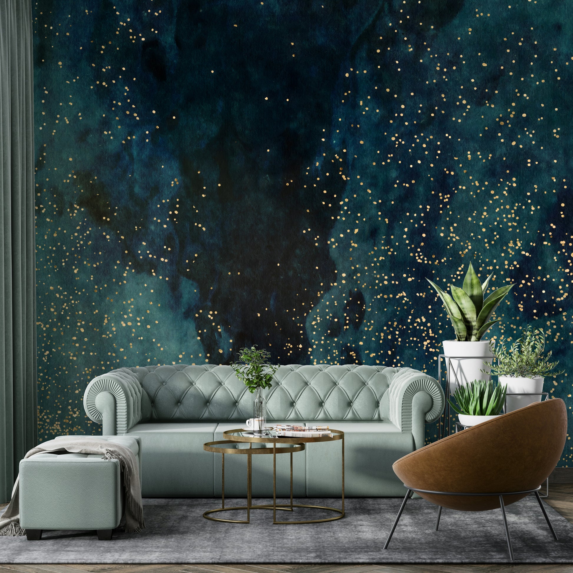 Swirling galaxy mural in petrol blue tones for modern decor.


