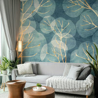 Nature-inspired blue leaf mural for a tranquil, sophisticated room.


