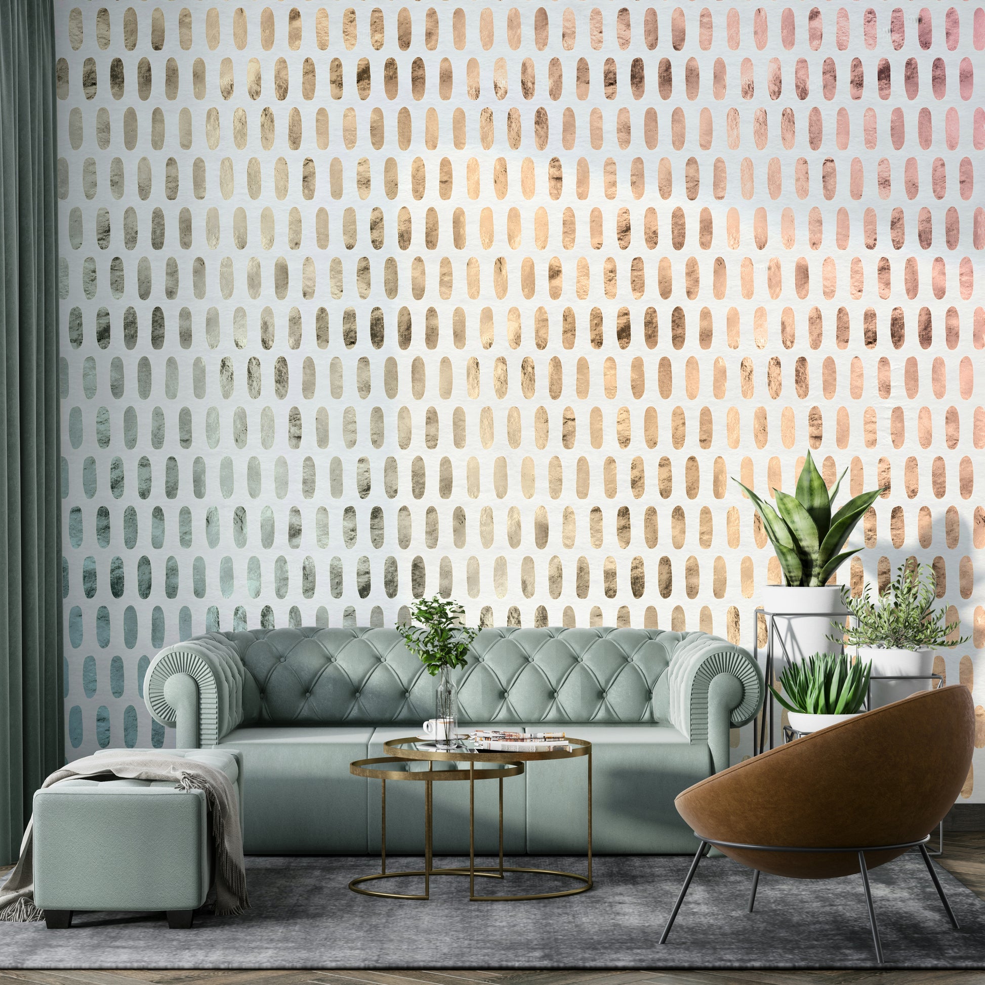 Soft white background with modern iridescent ovals on wall mural.

